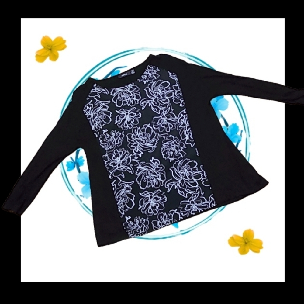APT. 9 BRAND - LONG SLEEVE - BLACK WITH WHITE FLORAL BLOUSE - SIZE PL